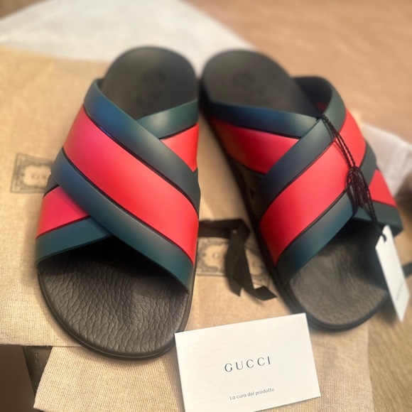 Gucci Red and Green Cross-Strap Slides - Picture 3 of 13